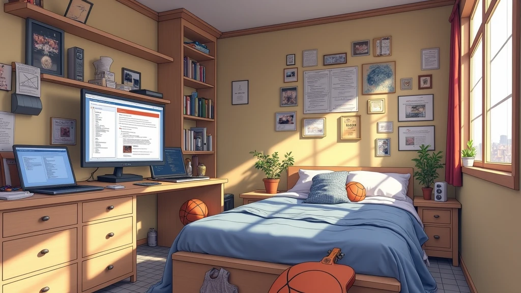 a very large bedroom, one desktop computer with two screens, 2 laptops, 1 phone (no-character:1.4), on the computers screens runs Linux and a development IDE, picture from far, large windows, night outside, one guitar, one basketball ball, clothes thrown on the bed and on floor, masterpiece, precision, ultra-realistic, anime art
