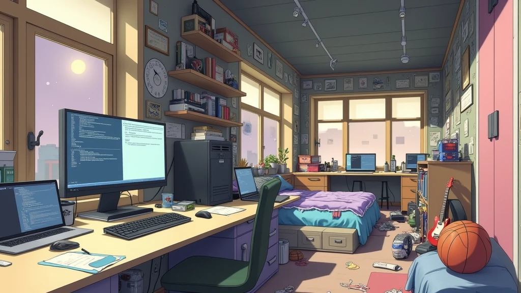 a very large bedroom, one desktop computer with two screens, 2 laptops, 1 phone (no-character:1.4), on the computers screens runs Linux and a development IDE, picture from far, large windows, night outside, one guitar, one basketball ball, clothes thrown on the bed and on floor, masterpiece, precision, ultra-realistic, anime art