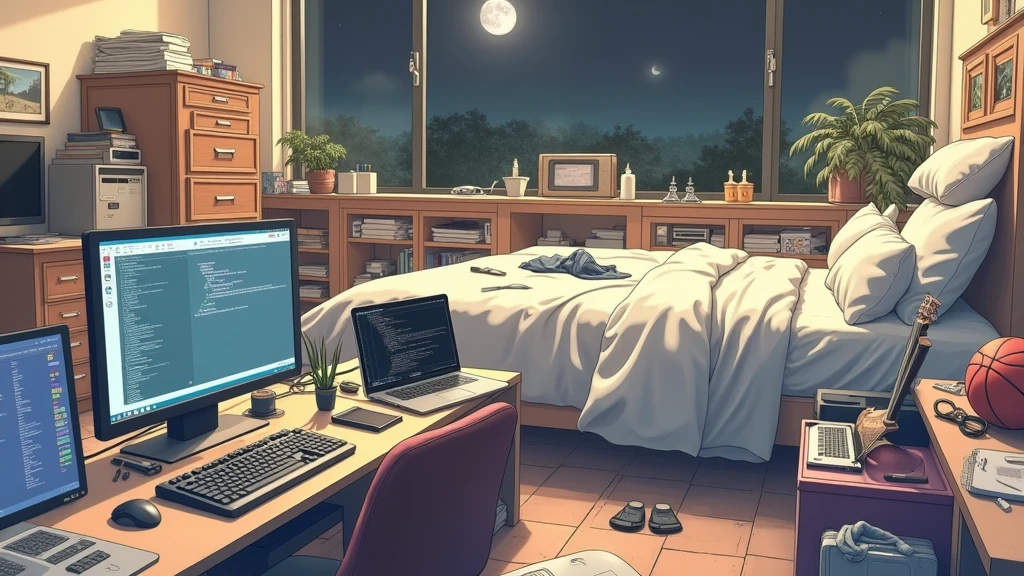 a very large bedroom, one desktop computer with two screens, 2 laptops, 1 phone (no-character:1.4), on the computers screens runs Linux and a development IDE, picture from far, large windows, night outside, one guitar, one basketball ball, clothes thrown on the bed and on floor, masterpiece, precision, ultra-realistic, anime art
