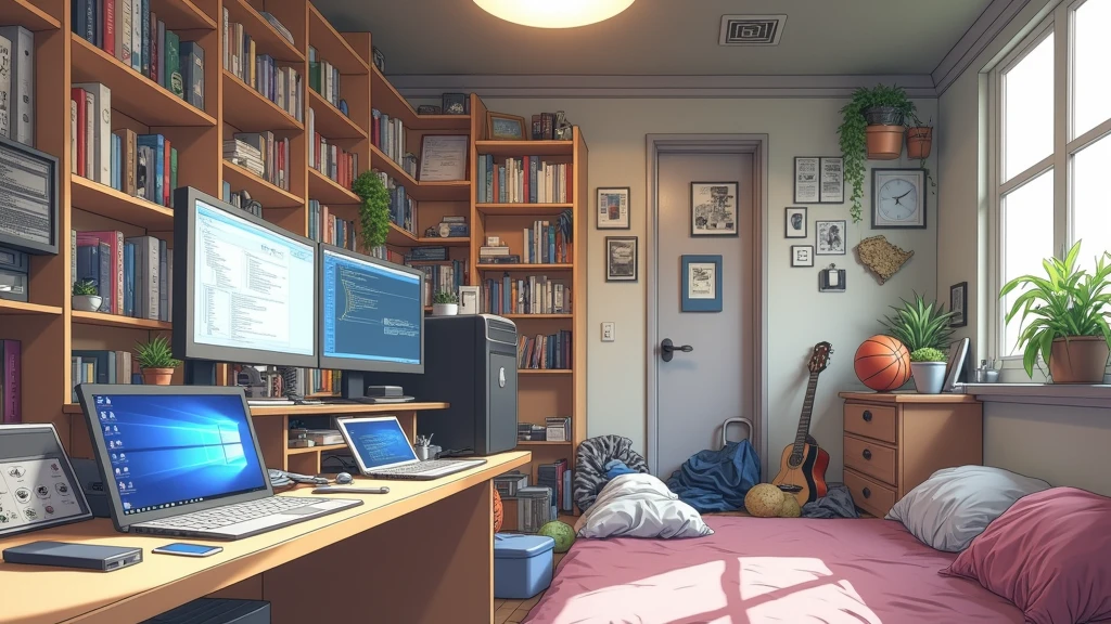 a very large bedroom, one desktop computer with two screens, 2 laptops, 1 phone (no-character:1.4), on the computers screens runs Linux and a development IDE, picture from far, large windows, night outside, one guitar, one basketball ball, clothes thrown on the bed and on floor, masterpiece, precision, ultra-realistic, anime art