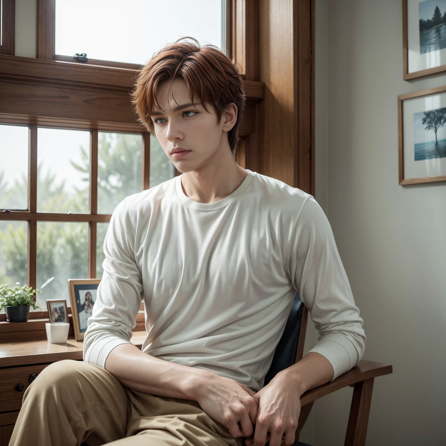 The setting shows a young teenage boy, around 15 or , sitting on a simple but elegant chair by a large window that filters soft daylight into the room. The boy, Arth, has a striking appearance: his hair is medium-length, with tousled layers of deep, fiery red hair that gently frame his face. His amber-gold eyes are calm yet reflect deep emotion, showing his inner struggle and resolve. His expression is serious but serene, conveying both vulnerability and strength.

He's dressed in a casual but neat outfit – a white, long-sleeved shirt, slightly loose, with the sleeves rolled up to his elbows, symbolizing resilience and readiness to continue fighting. Over it, he wears a light blue vest that adds a layer of formality, but also comfort, contrasting with the shadows of recent events. His hands rest gently in his lap, relaxed but showing subtle tension as he collects his thoughts.

Arth's posture is slightly reclined but composed, showing that he is recovering but still maintaining a sense of control over the situation. There are slight bandages wrapped around his forearms, indicating injuries from the recent events. His left hand occasionally fidgets with the edge of his shirt as if grounding himself in the moment.

Behind him, through the window, you can see a glimpse of a calm, pale sky with faint clouds, symbolizing hope after the storm. The light from the window casts a soft, warm glow on his hair and face, creating a halo effect that highlights his features and gives the image a feeling of quiet strength amidst turmoil. On the windowsill behind him, there’s a single potted plant – a symbol of life and growth, even in difficult times.

The room is minimalist but with a few personal touches, like a small stack of books on a table to the side and a photo frame in the background, blurred but recognizable as a family picture, hinting at his complicated emotions surrounding his family.