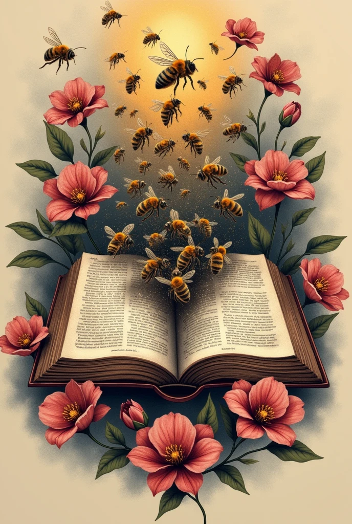  Tattoo of Swarm of angry bees flowing into a bible with flowers