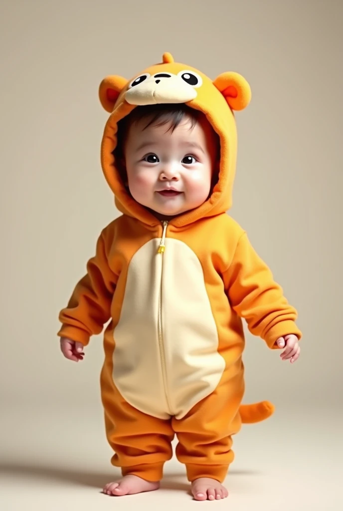 Full-body image of a 2-year-old child standing in a costume