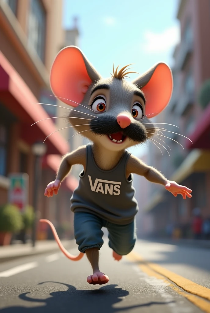 Mouse wearing a gray vans tank top with a white name, with a mustache, running in the street