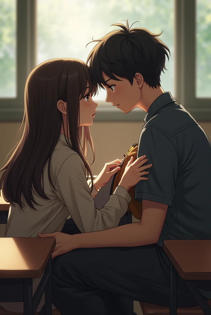 A boy seating beside the girl in a classroom, he stretch his body towards her to get something from her bag which is beside her while looking at her eyes