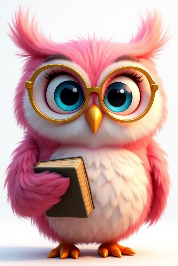A pink Disney Pixar style owl that looks like a cartoon, with pink glasses, teacher style,intelligent, no pity goosebumps, with book, loving and shining look, silky feathers, blue colored eyes, gold colored glasses png