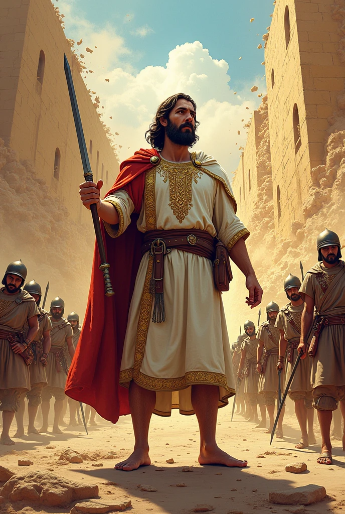 Comic style wallpaper in 4K: The fall of the walls of Jericho, depicted in a realistic comic style. In the foreground, Joshua is in front, with a linen tunic with gold edges, holding a shofar (ram's horn trumpet) in one hand and a short iron sword in the other. He is giving the signal for the Israeli army to advance.. Behind him, The Israeli army is shown in formation, with soldiers dressed in tunics and armed with swords, spears and shields. The walls of Jericho are in full collapse, collapsing into rubble with dynamic scene details, such as dust and debris. The background includes a desert landscape that accentuates the magnitude of the event.. The design should capture a vibrant and dramatic style, with vivid colors and exaggerated details, reflecting the intensity of the moment and the Israelites' faith in victory.