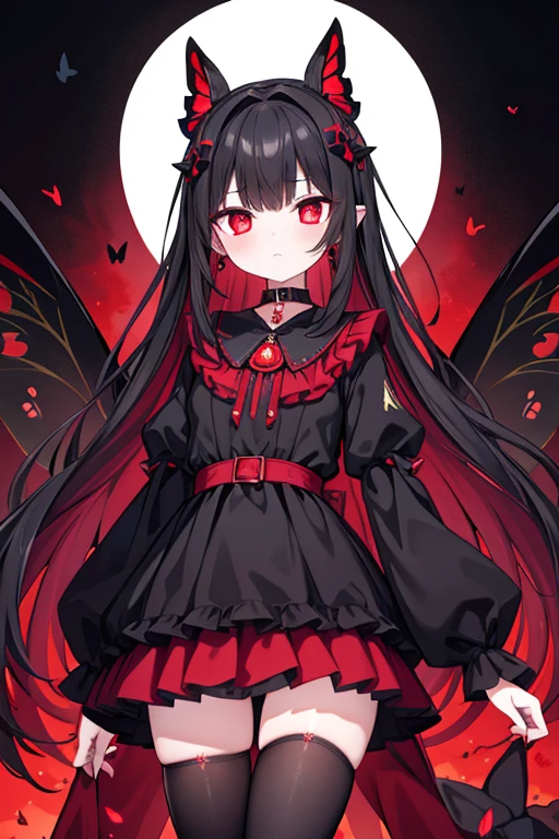 Expressionless,,(Dark fantasy),((Great illustrations)),(Detail Splash), Long black hair, Red pupils, , Pure black dress, Collar only, The sleeves and skirt are dark red, A red erfly barrette is attached to the side of her ear., masterpiece, 最high quality, high quality, Headpiece,, red and black crystal necklace, Black knee socks