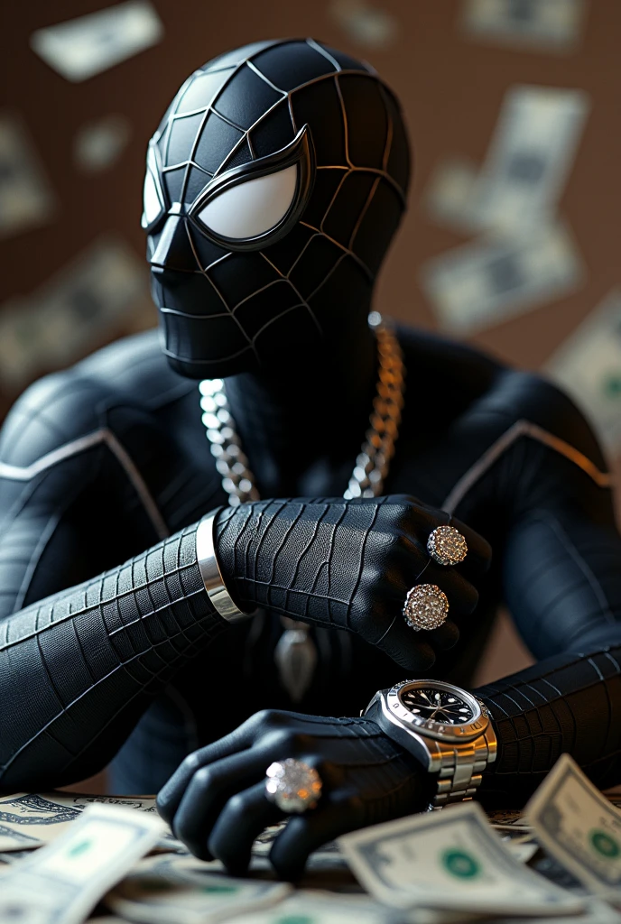 spider-man black with a silver necklace on his neck and a lot of money next to him and a rolex watch in his hand and a ring in his hand with rap style