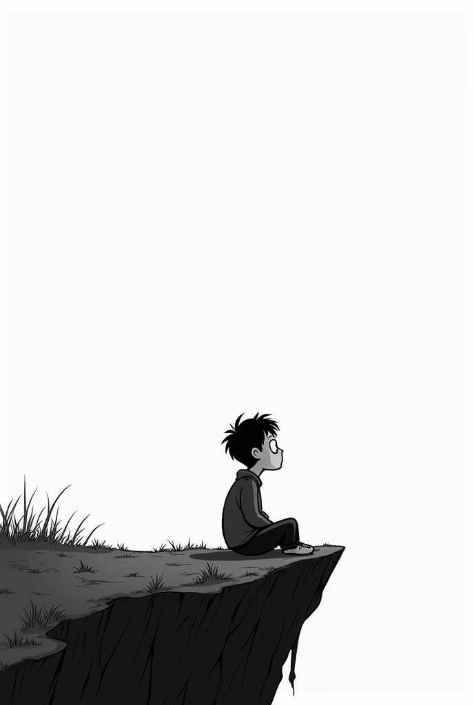 Edge of a hill in black and white in cartoonist way with a sad man sitting there missing his mother in his imagination