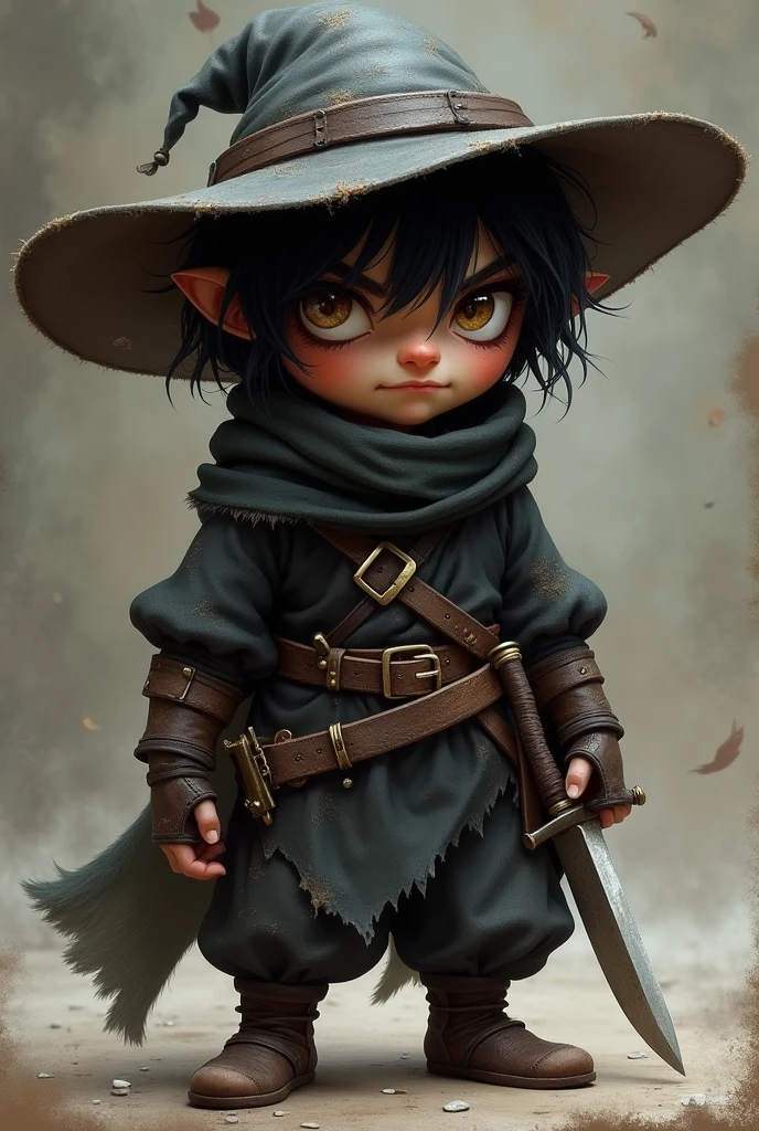Rolo is a halfling , with messy black hair and shrewd brown eyes that always seem to assess the situation around him. He wears tight, dark clothes, ideal for camouflaging yourself in the shadows, and a wide-brimmed hat that hides part of his face.