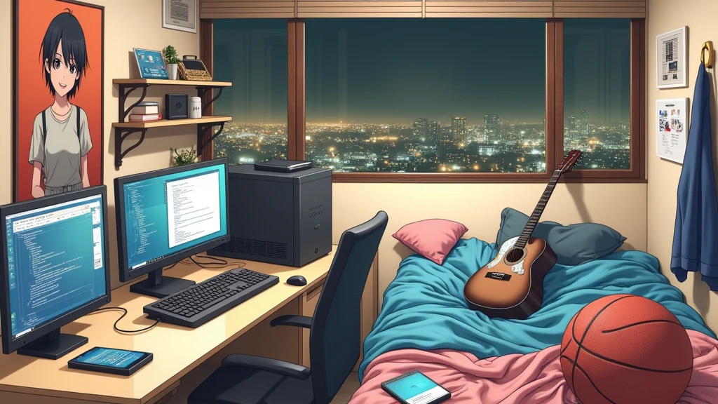 a very large bedroom, one desktop computer with two screens, 2 laptops, 1 phone (no-character:1.4), on the computers screens runs Linux and a development IDE, picture from far, large windows, night outside, one guitar, one basketball ball, clothes thrown on the bed and on floor, on the wall there is a poster of Chino Kafu, masterpiece, precision, ultra-realistic, anime art