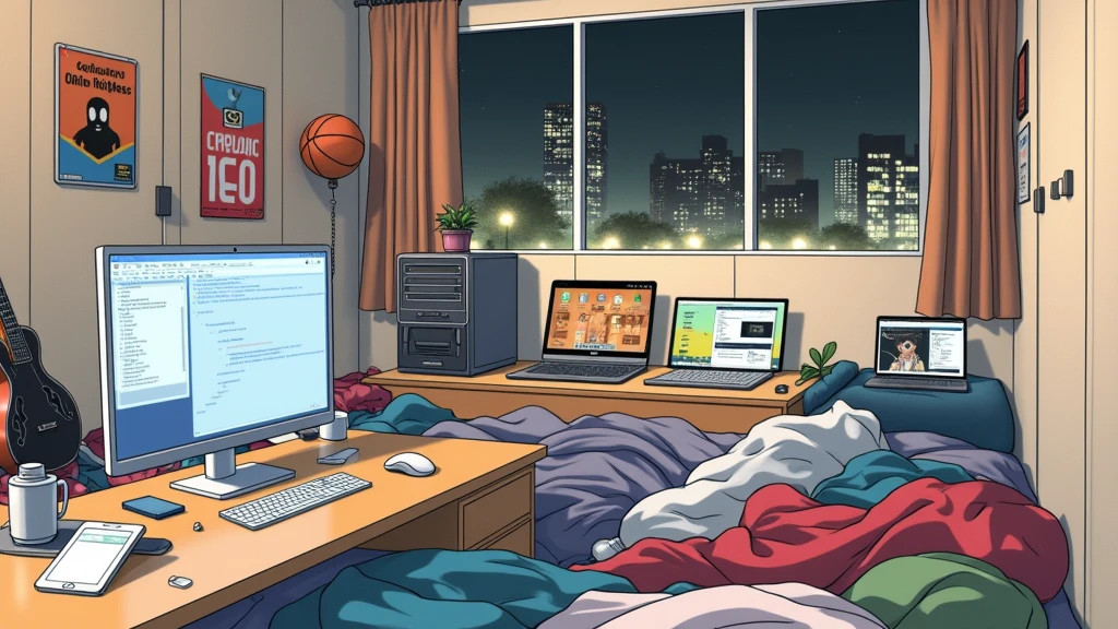 a very large bedroom, one desktop computer with two screens, 2 laptops, 1 phone (no-character:1.4), on the computers screens runs Linux and a development IDE, picture from far, large windows, night outside, one guitar, one basketball ball, clothes thrown on the bed and on floor, on the wall there is a poster of Chino Kafu, masterpiece, precision, ultra-realistic, anime art
