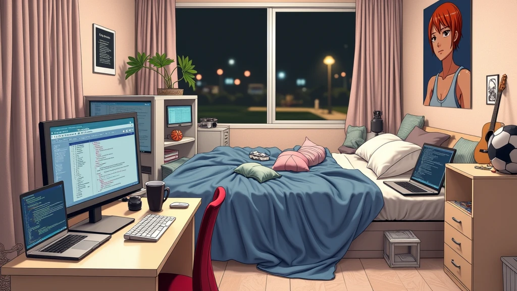 a very large bedroom, one desktop computer with two screens, 2 laptops, 1 phone (no-character:1.4), on the computers screens runs Linux and a development IDE, picture from far, large windows, night outside, one guitar, one basketball ball, clothes thrown on the bed and on floor, on the wall there is a poster of Chino Kafu, masterpiece, precision, ultra-realistic, anime art