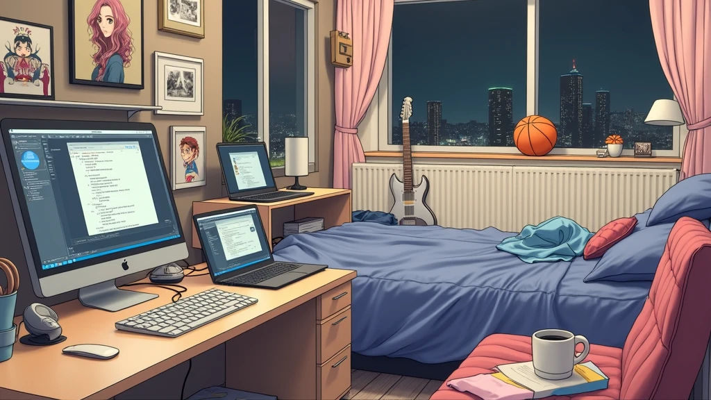 a very large bedroom, one desktop computer with two screens, 2 laptops, 1 phone (no-character:1.4), on the computers screens runs Linux and a development IDE, picture from far, large windows, night outside, one guitar, one basketball ball, clothes thrown on the bed and on floor, on the wall there is a poster of Chino Kafu, masterpiece, precision, ultra-realistic, anime art