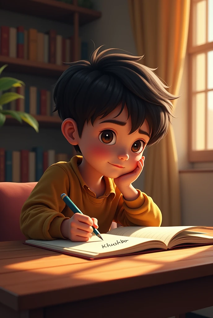 A boy sit on study table and write a name khushboo in notebook
Which is shown