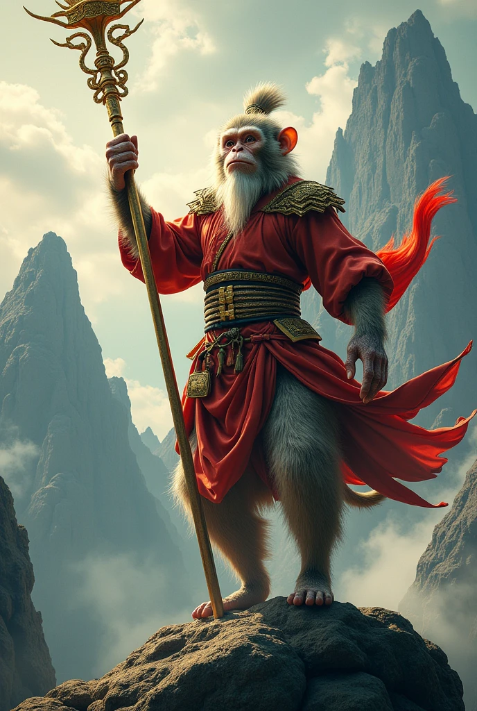 

"A cinematic hyperrealistic posterized sun wukong Chinese Odyssey monkey king holding golden stick background mountain rock fly action