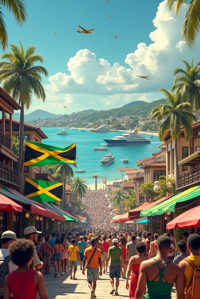 An image with Jamaican flags ships and planes and busses and tourist with people walking in the background 

