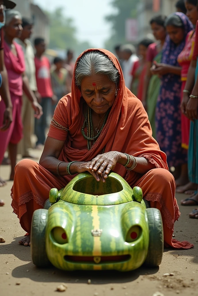 A poor old Indian woman is sitting on the ground and making a big farrari car out of a watermelon and people are looking at her