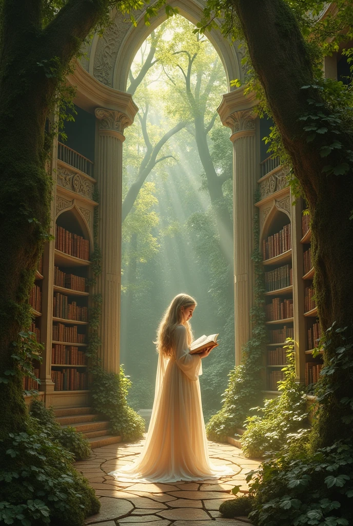 A library in the forest in a fantasy world. There was a pretty girl there studying hard.. 