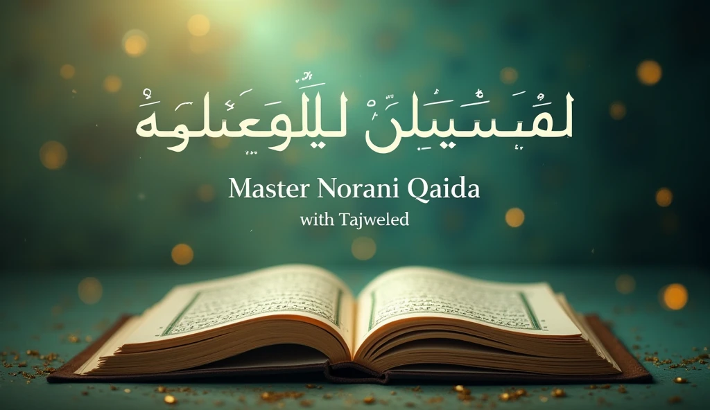 - Image: A high-quality image of the Quran or a related Islamic graphic
- Text:
- Title: "Master Norani Qaida with Tajweed"
- Lesson Number: "Lesson 18"
- Visual Hierarchy: Make sure the text is clear, readable, and stands out from the background
- Color Scheme: Choose a palette that is visually appealing, calm, and Islamic-inspired (e.g., shades of green, blue, and gold)