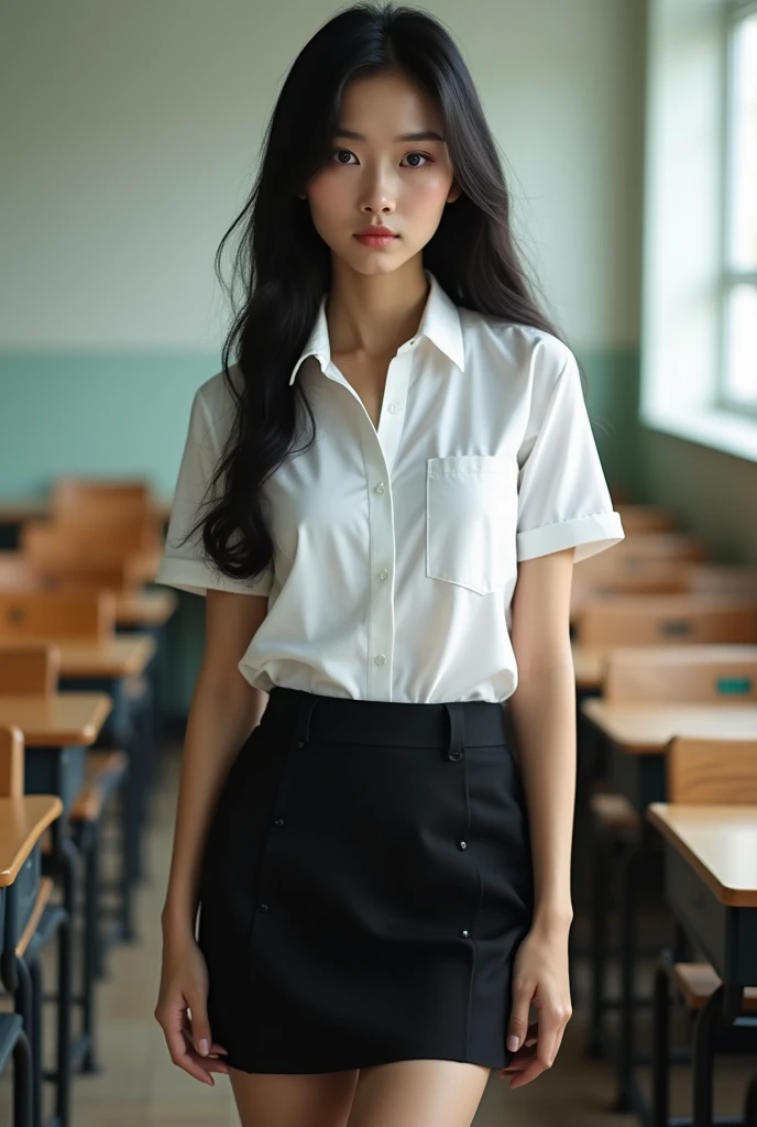 Beautiful Thai model woman with smooth skin, detailed beautiful eyes and face, black hair, (beautiful bra, C shape), wearing a Thai student uniform, a white short-sleeved shirt, a black short skirt, a slim fit, standing and posing in a classroom. The background is a classroom, student desks and chairs. The most realistic picture