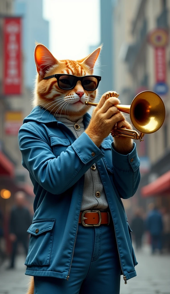 The coolest cat in the world , This cat is a musician , Wearing blue casual clothes , Wearing sunglasses , trumpet , Performing in the city center , Lean back,personification , photo real , classic composition , masterpiece , exquisite , color correction , amazing visual effects , crazy details , intricate details , sharp focus , HD , 8k
