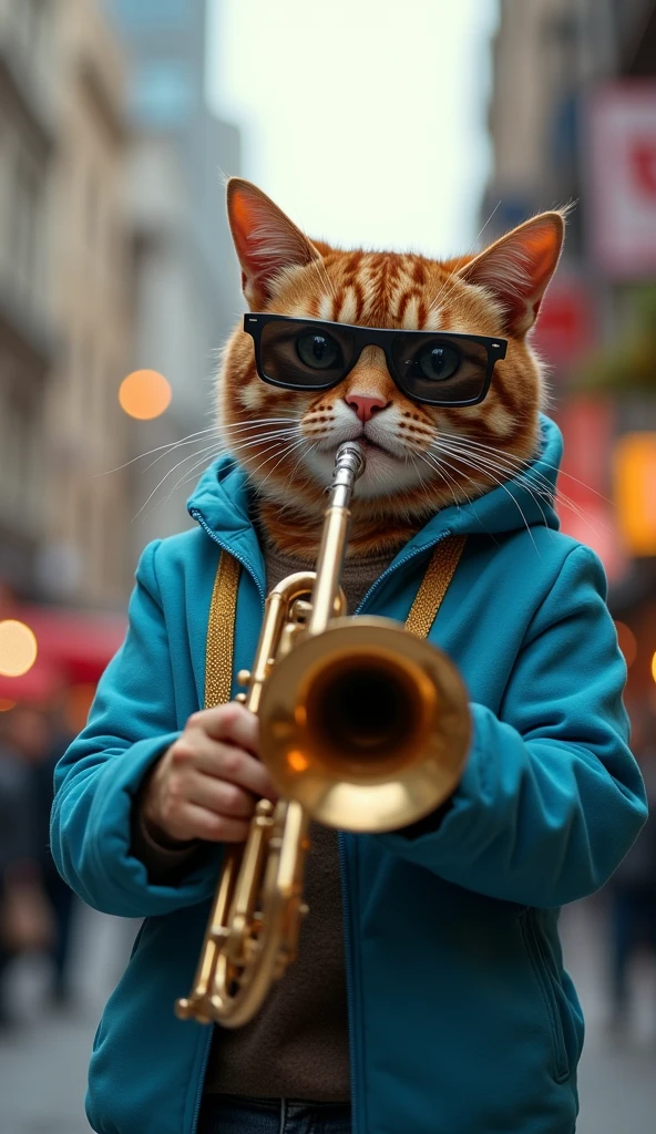 The coolest cat in the world ,  This cat is a musician ,  Wearing blue casual clothes ,  Wearing sunglasses ,  trumpet ,  Performing in the city center ,  Lean back，personification ,  photo real ,  classic composition ,  masterpiece ,  exquisite ,  color correction ,  amazing visual effects ,  crazy details ,  intricate details ,  sharp focus ,  HD ,  8k  