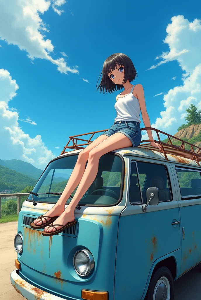 Masterpiece of anime, upper view, fish eye lens, closeup to a teenage Japanese girl 16yrs, bob long hair, wear white tanktop and short jeans, sit with one's legs over other wear sandals shoe, on the roof rack of rusted blue big van, and looking down to camera. See some part of small rock hill and blue sky on background, high detail, anime style 