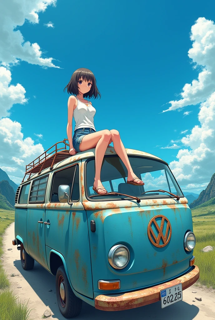 Masterpiece of anime, upper view, fish eye lens, closeup to a teenage Japanese girl 16yrs, bob long hair, wear white tanktop and short jeans, sit with one's legs over other wear sandals shoe, on the roof rack of rusted blue big van, and looking down to camera. See some part of small rock hill and blue sky on background, high detail, anime style 
