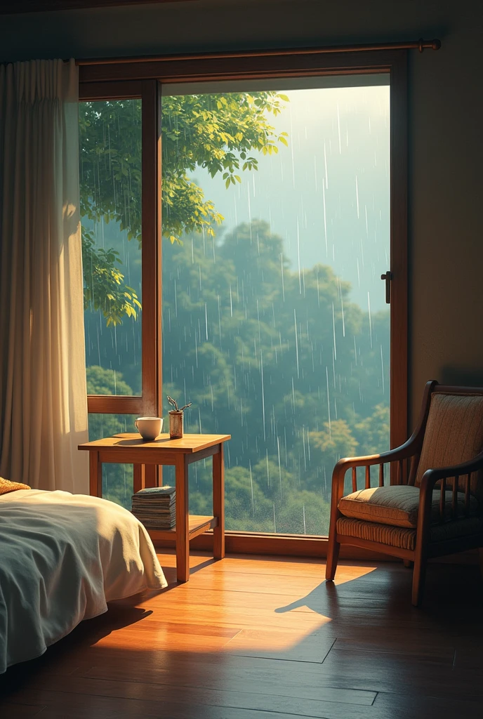 Full room with bed chair table hot cup of tea outside rain empty room beautiful outside view