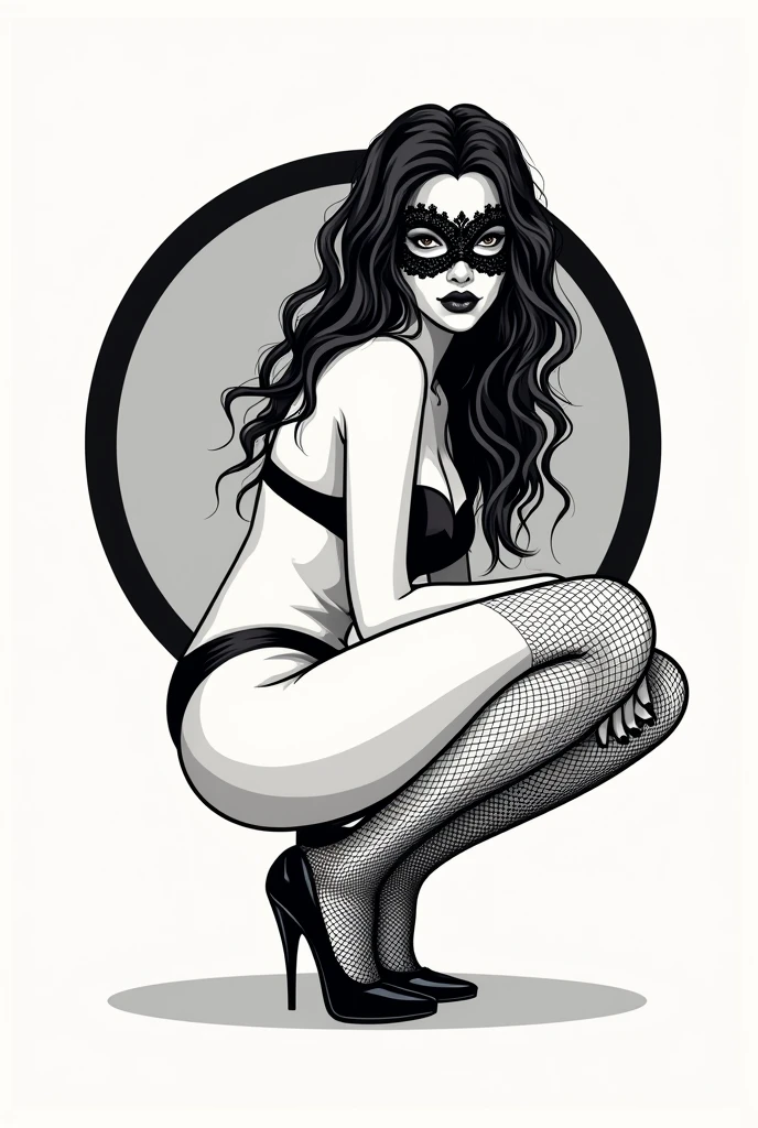 Logo inside a circle, squatting woman with lace mask in thong, Fishnet stockings and heels 