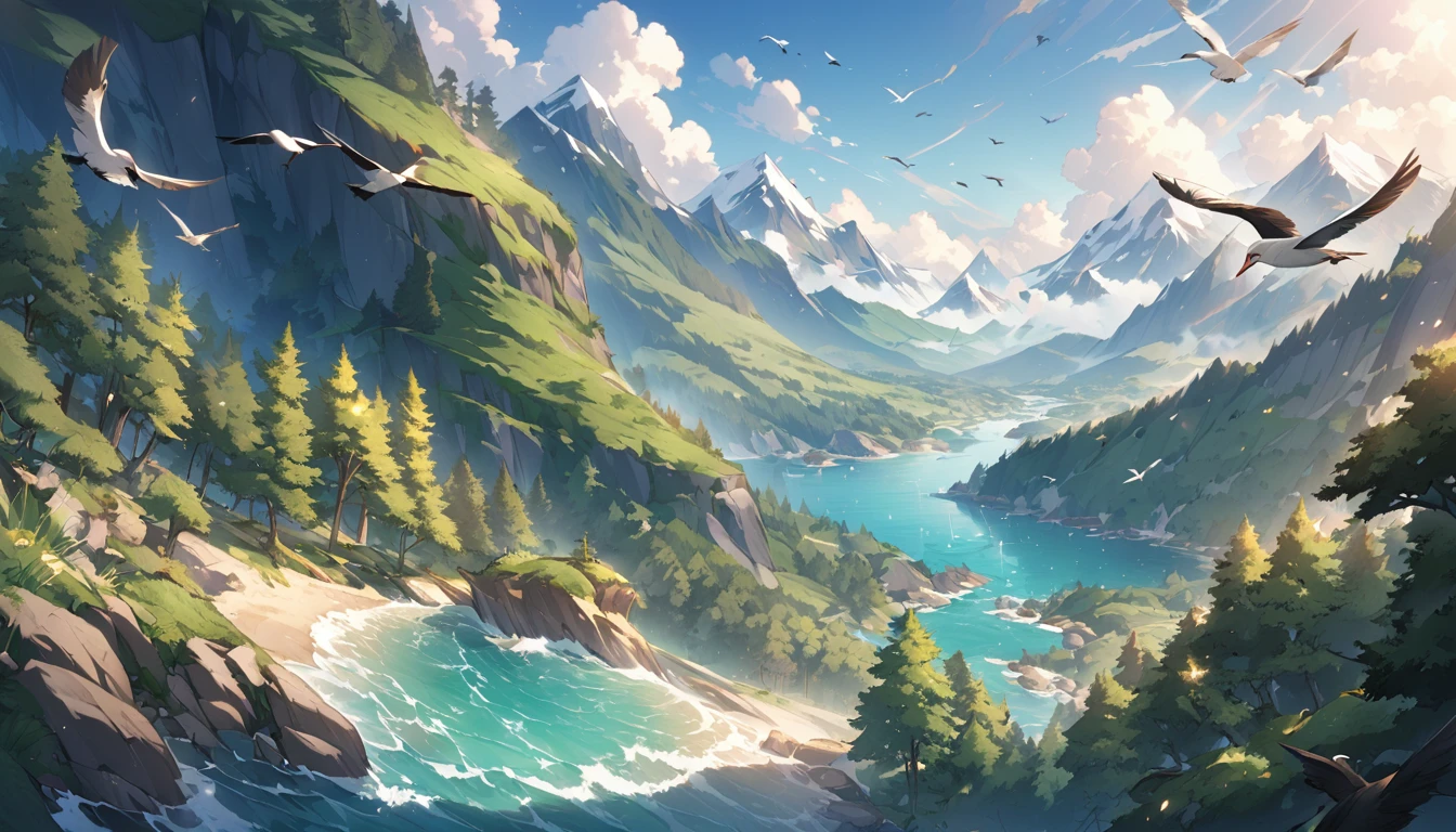 I want to prepare a cover photo for a YouTube documentary called "Nature's Dance". Birds, sea, mountains, forest and trees are the subjects of the documentary. The name of the documentary is "Nature's Dance with Itself"