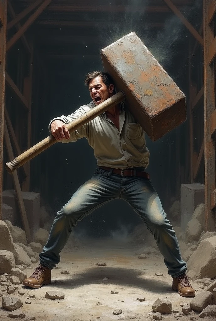 A drawing of a man getting hit in the head with a big sledgehammer