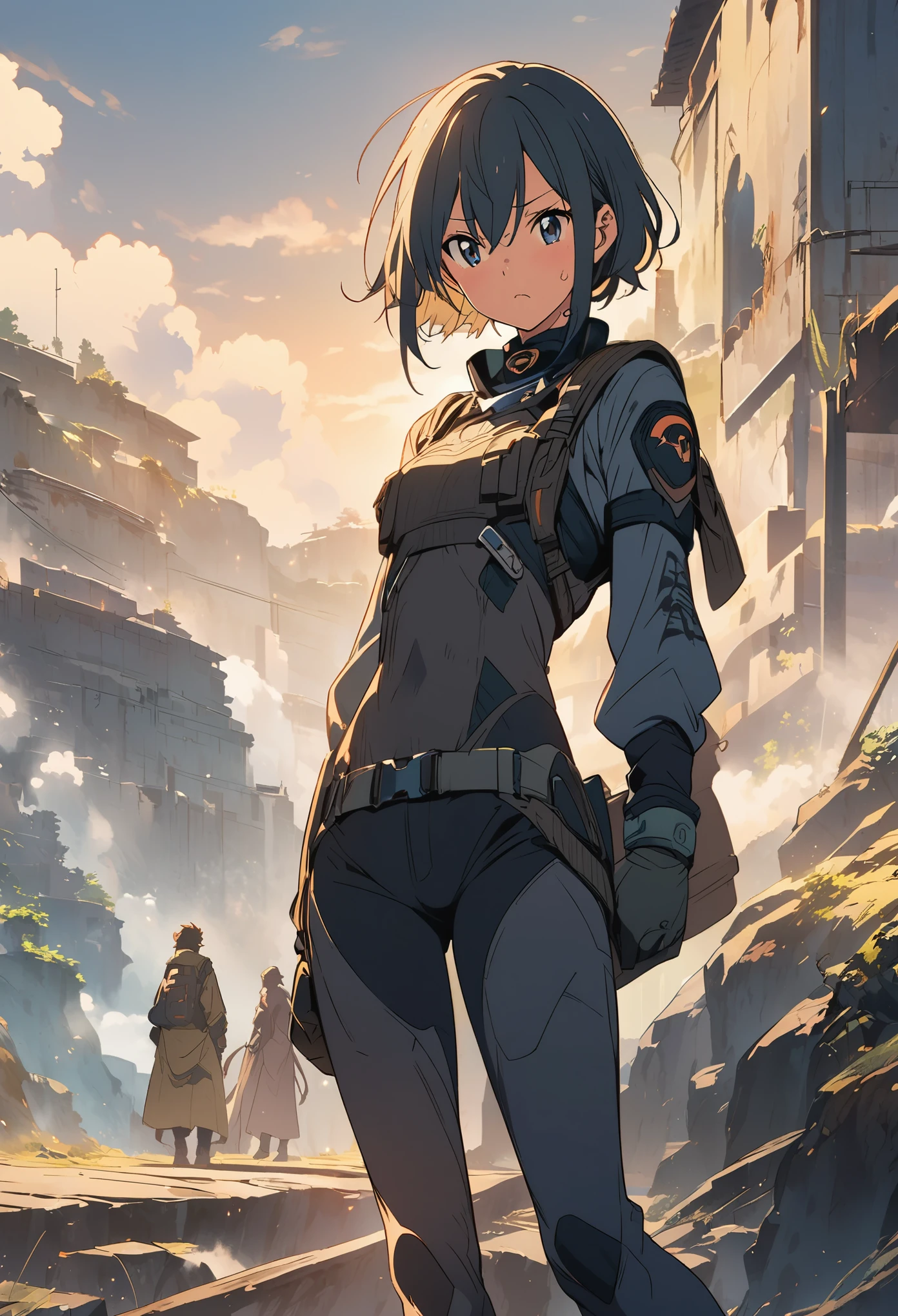An anime illustration of a person&#39;s upper body peeking out from the right edge of the screen、Chibi Character、Look at your audience and wave, Right side