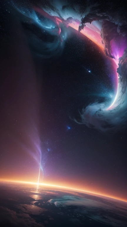 
unseen landscape of a breathtaking cosmic expanse, captured in 8K resolution for stunning detail, a massive, swirling nebula in vibrant shades of purple blue and gold dominates the background, gaseous tendrils stretching across the star-studded void, while a fleet of starships battle in colorful clouds, their hulls reflecting the brilliant hues of the nebula, a distant planet with rings made of shimmering ice and rock looms in the foreground, illuminated by the light of a nearby sun, casting a warm glow over the scene, a lone astronaut floats outside their ship, tethered by a thin line, gazing in awe at the celestial beauty surrounding them, evoking a sense of wonder and exploration in this magnificent universe. beautiful gorgeous digital art,style of greg rutkowski,janek sedlar,jenny saville:0] BadDream, fluxenh4nce, otclillsn, ral-ertmsphr, carcosa city style , novuschroma43 style