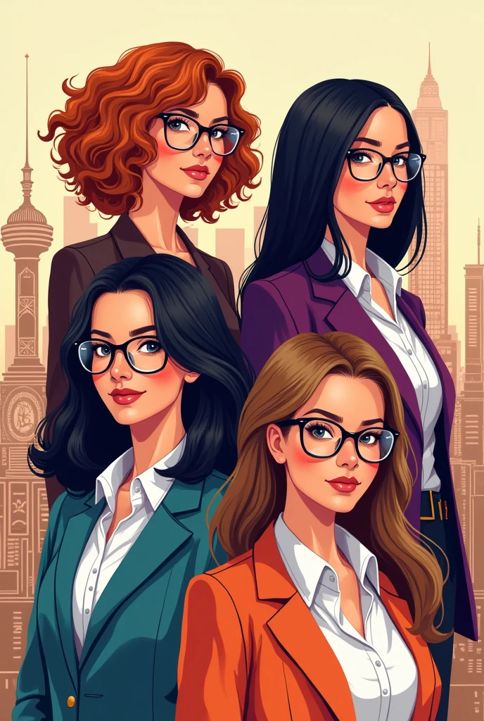 Create a drawing about 4 female architects, all white and thin, one with curly copper hair, another with dark grape straight hair and glasses, another with straight chocolate hair and semi-long glasses and another with light brown hair and short to the shoulders draw it