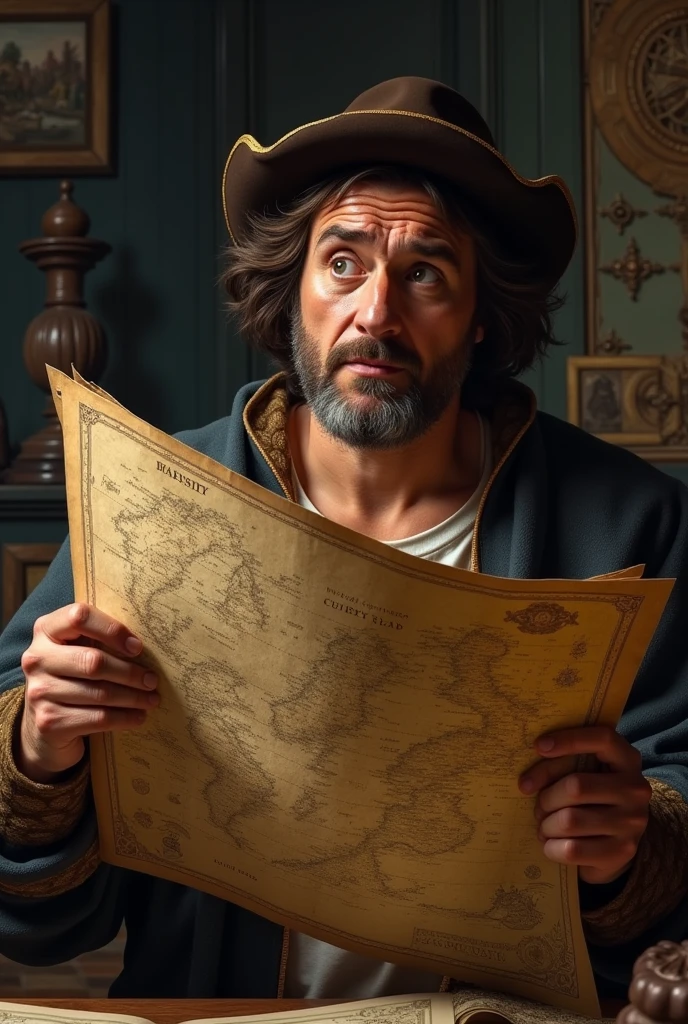 Christopher Columbus holding the map upside down with a confused expression