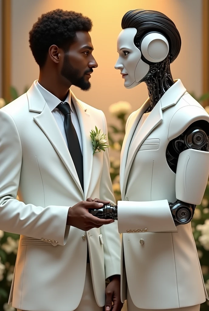 The hyperrealistic wedding of two gay men , the robot man is and the other is human man, The human is dark-skinned, He has black hair and eyes, will wear a white suit, The robot will have hair and will be white, They will have a sign that says “Diego and ChatGPT’s Wedding”