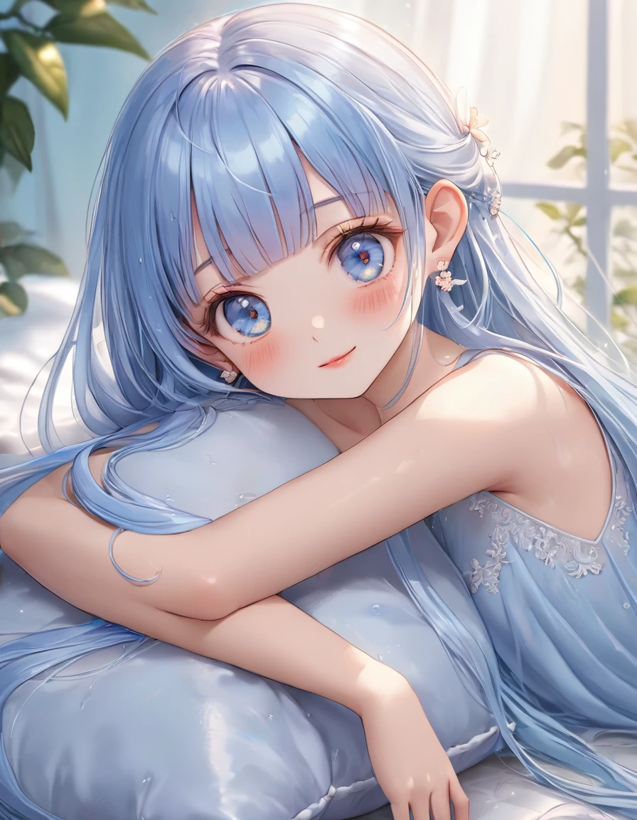 ,(((( light blue long hair)))), ,(((( light blue long hair)))),light blue hair, , long hair ((blush)) , cute face, big eyes, masterpiece, best quality,(((((a very delicate and beautiful girl))))),Amazing,beautiful detailed eyes,blunt bangs((((little delicate girl))))((1 beautiful girls with perfect faces)),((1girls ),(Best quality, super detailed, high resolution:1.2),Glass mandarin orange earrings adorning both ears, very long eyelashes, detailed lips, shining smile, holding hands, soft skin, shiny hair, vibrant background, natural light, the cutest girl in the world, exquisite makeup, pouting,((hugging on a cushion)), sitting, long hair, bun hair Beautiful, translucent white skin, wet purple dress, quality\(8K, highly detailed CG unit wallpaper, masterpiece, high resolution, best quality, highest quality realistic texture skin, super two-dimensional, increase resolution, RAW photo, best quality, highly detailed, wallpaper, ray tracing, golden ratio\),[Caution]
