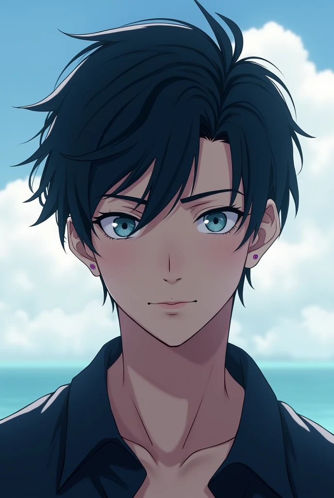 A handsome anime man with dark hair and ocean eyes