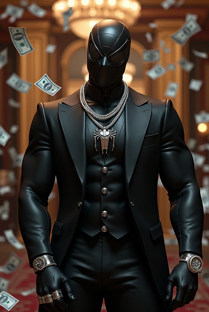 spider-man black with a silver necklace on his neck and a lot of money next to him and a rolex watch in his hand and a ring in his hand with rap style in flex house
