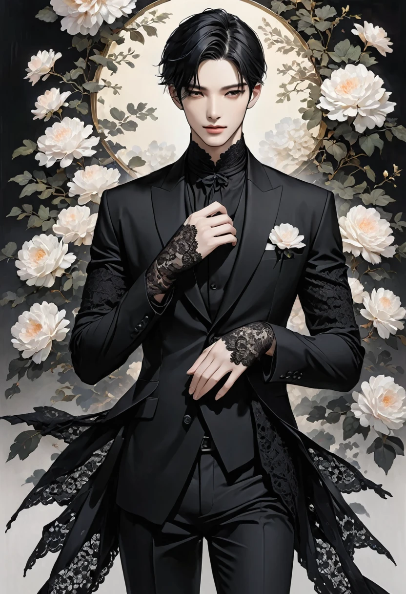 Elegant pale man, black clothes, lace on hands, black hair Man 