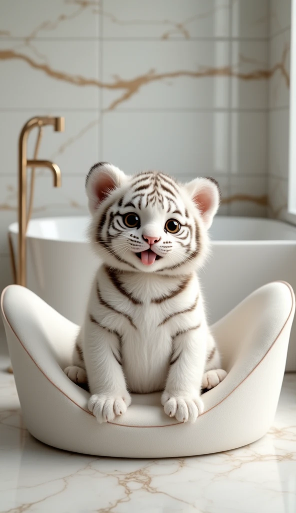 A fat, white and cute little tiger baby, Very fat,Big eyes, Cute and cuddly,Fluffy, Delicate and exquisite, Real little tiger,The expression is very cute and sticking out tongue is very cute,Cute and lovable,Sit upright on the sofa,Furry patterned pregnant belly 1:3,Strike a sexy pose,Pure white high-end bathroom background,