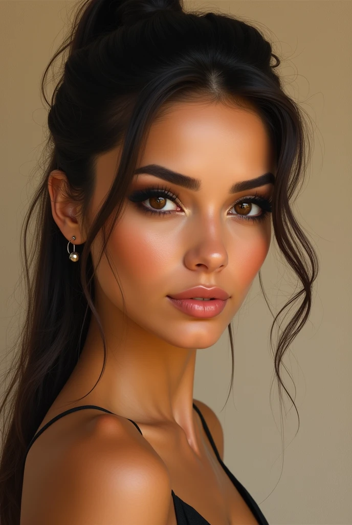 (brown eyes:1.1,woman) (Petite woman:1.1) with (black ponytailed hair) and (dark brown eyes:1.1). She has (dark make up) with (mascara) that accentuates her (long eyelashes). The woman stands confidently, exuding elegance and grace. Her (exquisite features) and (delicate facial structure) add to her captivating charm. The dark brown of her eyes adds depth and intensity to her gaze. The (subtle highlights) in her eyes catch the light, giving them a mesmerizing sparkle. The (perfectly shaped eyebrows) frame her expressive eyes, adding to the allure of her face. The woman's beauty is further enhanced by (soft and flawless skin). The (warm tones) of her complexion create a sense of warmth and radiance. She wears a confident and enigmatic (smile), highlighting her (beautiful lips). The portrait showcases the (best quality:1.2) and (ultra-detailed) craftsmanship. The (realistic:1.37) depiction of the woman's features and expressions adds depth and realism to the image. The artwork is created using traditional (oil painting) techniques, resulting in rich textures and vibrant colors. The (subtle brushstrokes) and (fine details) capture the essence of the woman's character and beauty. The overall (lighting) in the artwork is soft and warm, illuminating the woman's face and highlighting her features. The colors used in the painting are (rich and earthy), with hints of (warm browns) and (soft neutrals). The emphasis on the woman's (brown eyes) creates a focal point, drawing the viewer's attention and conveying a sense of intimacy. As a (masterpiece:1.2) of art, this portrait captures the essence and allure of the woman with (exquisite brown eyes).