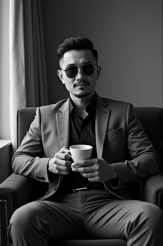 Make a black and white picture, In an empty room there is a handsome Indonesian man with a thin moustache, wearing sunglasses with a World War II soldier haircut, he wears a gray suit, black shirt, gray pants, sitting on a luxurious sofa drinking tea.