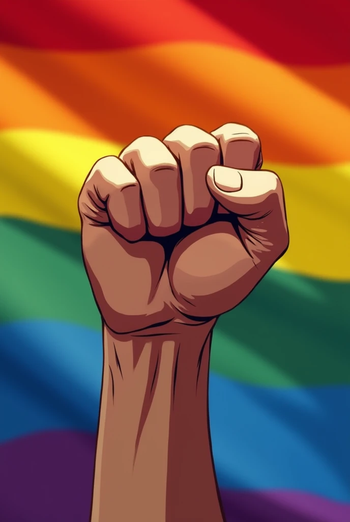 A raised and tense fist with the LGBTIQ flag+ Behind