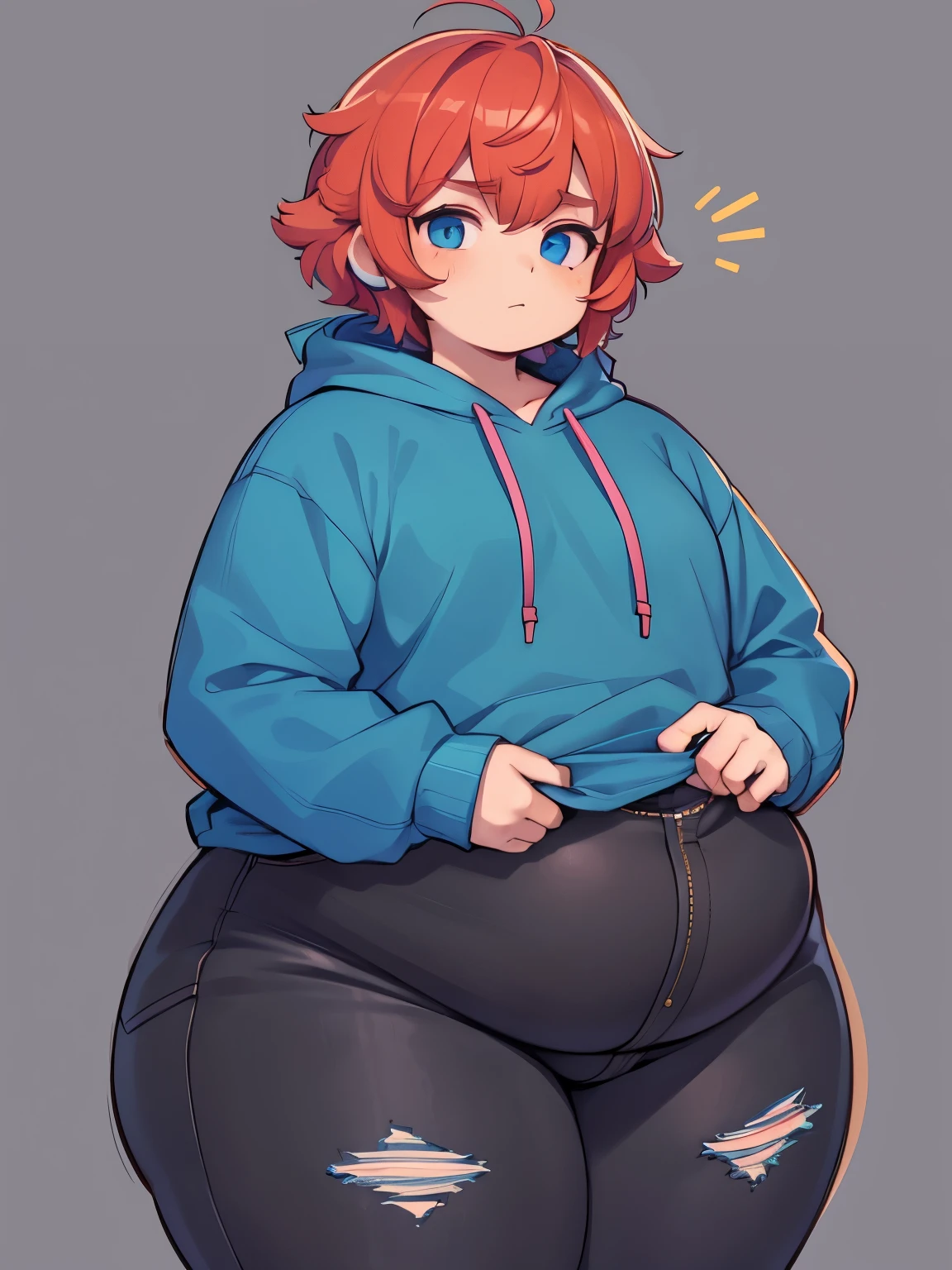 Leon is a 21 years-old male. He has a soft, feminine build with thick thighs and wide hips. He is chubby. He has blue eyes and copper hair. He often wears a colorful loose hoodie and jeans. Male, man, femboy, thick thighs, wide hips, chubby, tall,