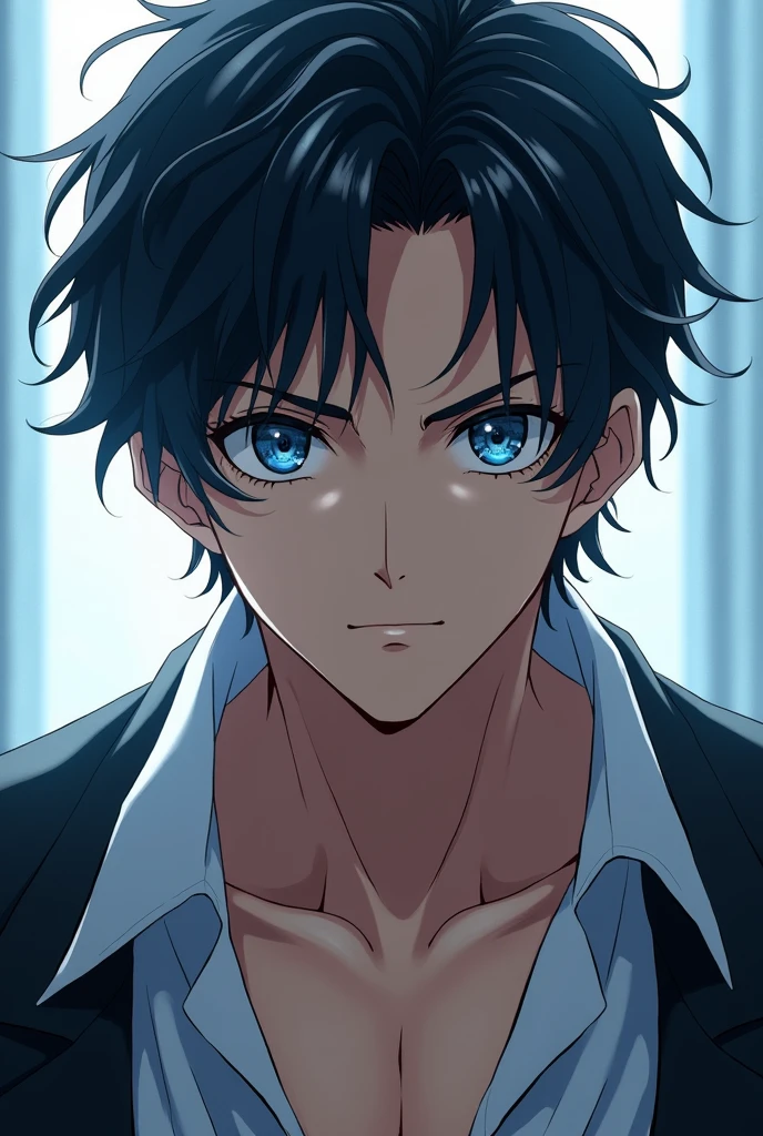 A handsome anime man with dark hair and ocean eyes