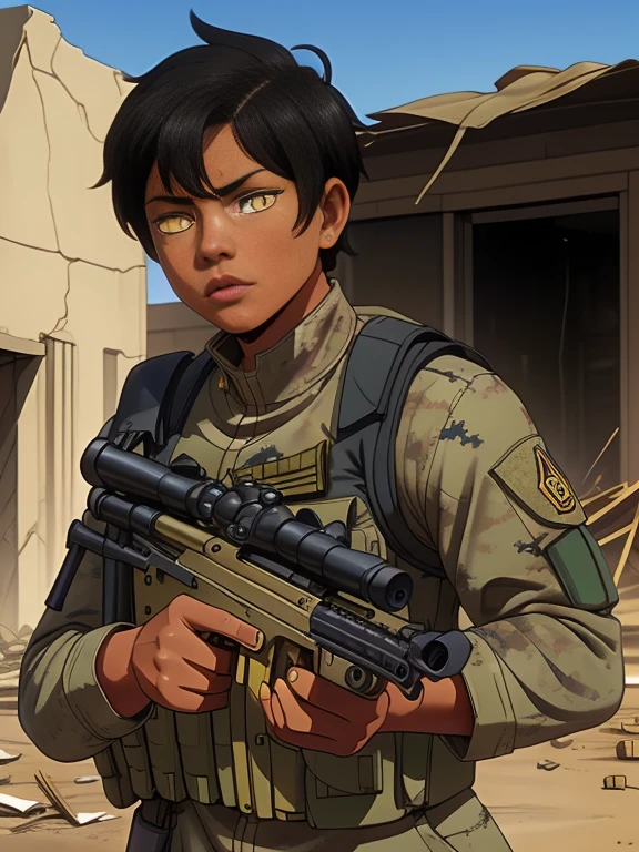 A breathtaking masterpiece that brings photorealism to life with exceptional attention to detail. (24 year old:1.3), (Mixed race Guatemalan-Navajo), (Short black hair:1.3), (Yellow colored eyes:1.4), (tanned bronze skin:1.4), (Wearing: USA marine corps uniform, camouflage military uniform, bulletproof vest and gloves), fighting on the battlefield, strong muscles, face stained with mud and blood, sweaty skin, bloody skin, mud-stained skin, army girl, rifle, (aiming and holding rifle: 1.3), soldier girl, infantry girl, expression of determination, rigorous expression, shootout, (Background: Set during the 2003 invasion of Iraq, on the empty streets of an Iraqi village, warzone, ruined buildings, debris is the surroundings), highest quality, ultra-high resolution, absurdity, realistic, physically based rendering, cinematic lighting, complex and cinematic appearance, cinematic soft light, soothing tone, photorealistic, cowboy shot, dynamic angle
